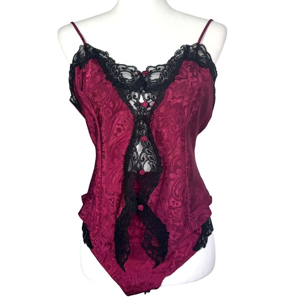 DELICATES Women's Medium Vintage Burgundy Paisley Lingerie Set Lace Trim Teddy